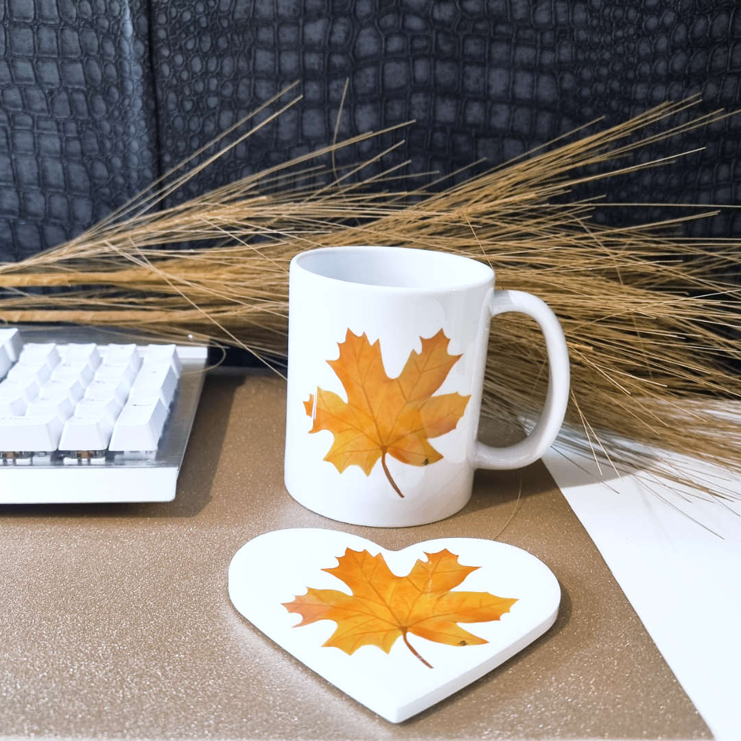 Autumn Maple Leaf 11oz Mug and Heart Shaped Coaster set