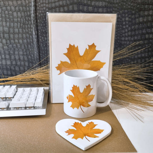 Autumn Maple Leaf 11oz mug, Heart Shaped Coaster and A5 postcard with Oyster Pearl colouredenvelope gift set