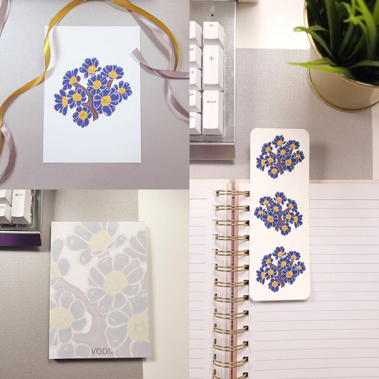 Blue Primula Vulgaris ‘Gold Laced’ Floral Primrose 3-Piece Bundle which includes A6 Notepad, Bookmark, and A5 Postcard